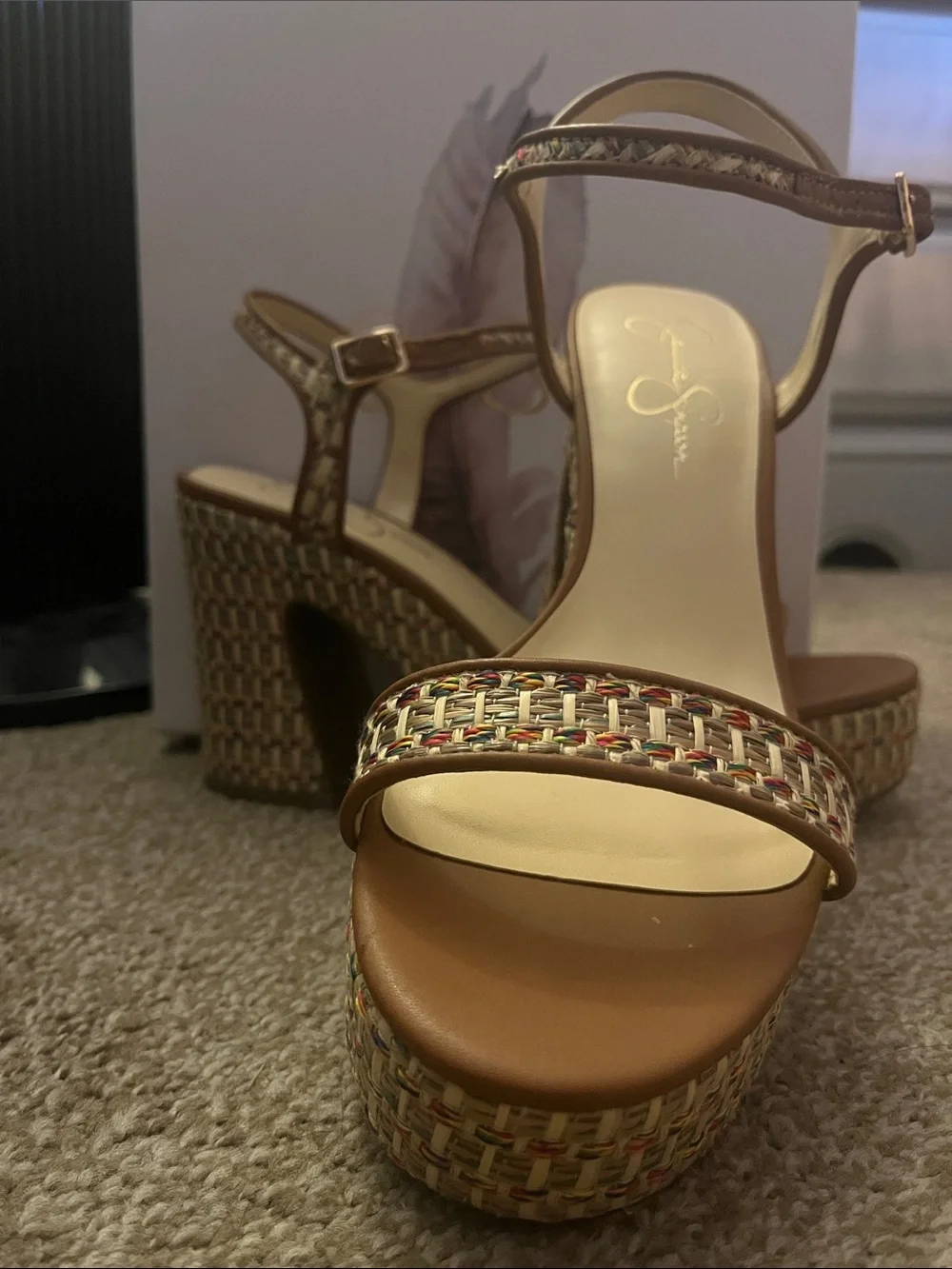 Jessica Simpson Tan Woven Platform Sandal with Multicolor Accents